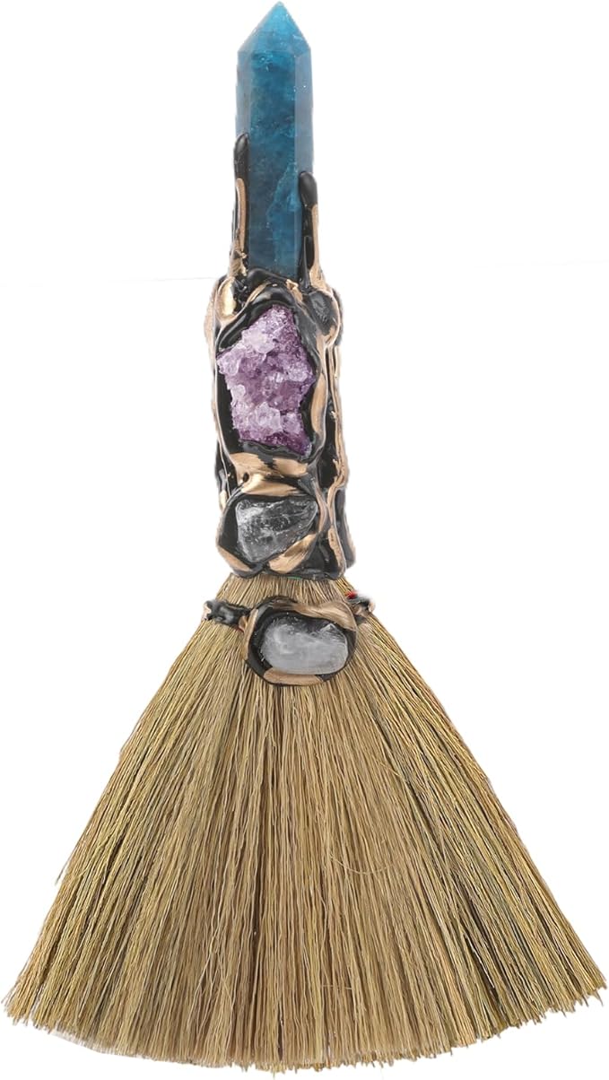 Crystal Witch Altar Broom - Witchcraft Supplies with Blue Apatite Wiccan Stuff Fairy Magic Broomstick with Natural Healing Crystals Hexagonal Points Pagan Fengshui Reiki Energy Clearing Gift