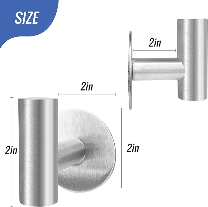 Adhesive Towel Hooks, Brushed Nickel SUS 304 Stainless Steel Heavy Duty Self Adhesive Robe Hooks for Bathrooms Kitchen Wall Mounted (Brushed Nickel, 2 Pcs)