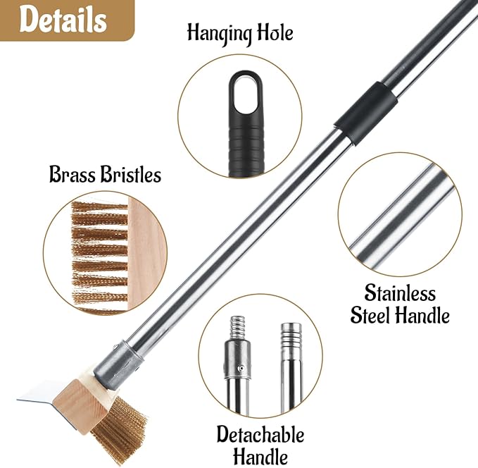 1 Pcs Adjustable Pizza Oven Brush with Scraper, Brass Bristles Pizza Stone Brush with Detachable Handle, Pizza Oven Accessories for Cleaning Pizza Oven