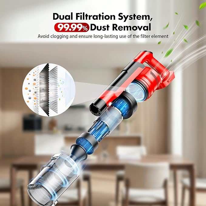 Cordless Vacuum Cleaners for Home with 2*Battery 8000mAh, Brushless Rechargeable Stick Vacuum with 3 Mode, 6 In 1 Portable Handheld Cordless Vacuum for Pet Hair /Hardwood Floor/Dorm/Carpet (Red)