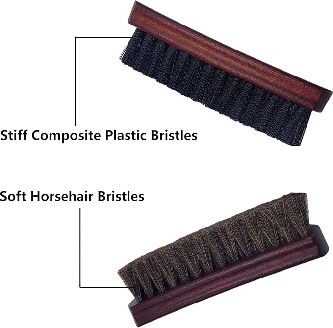 Shoe Cleaning Brush Set of 2 Brushes with Horsehair and Nylon Bristles, 6" Concaved Handle for Premium Grip, Wooden Sneaker Brush for Leather, Boot, Canvas, Sneaker, Textile