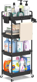 SPACEKEEPER Rolling Storage Cart, 4-Tier Bathroom Organizer Utility Cart Laundry Room Organization Mobile Shelving Unit with Towel Rack, Lockable Wheel, Hooks & Cup for Kitchen Bedroom Office, Black