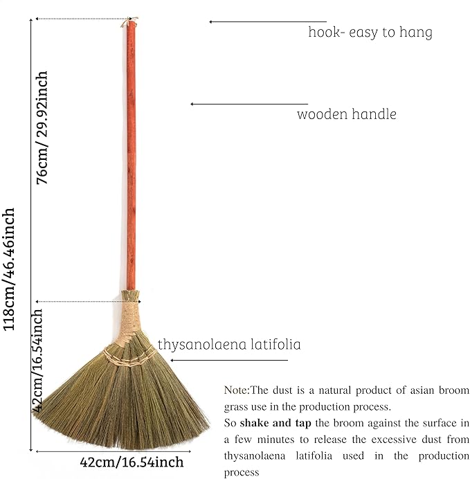 Vietnamese Natural Straw Broom – Handmade Soft Grass Broom for Indoor & Outdoor – Red Long Wooden Handle Broomstick for House, Kitchen, Garage – Wedding Jumping Broom with 46.46'' Length