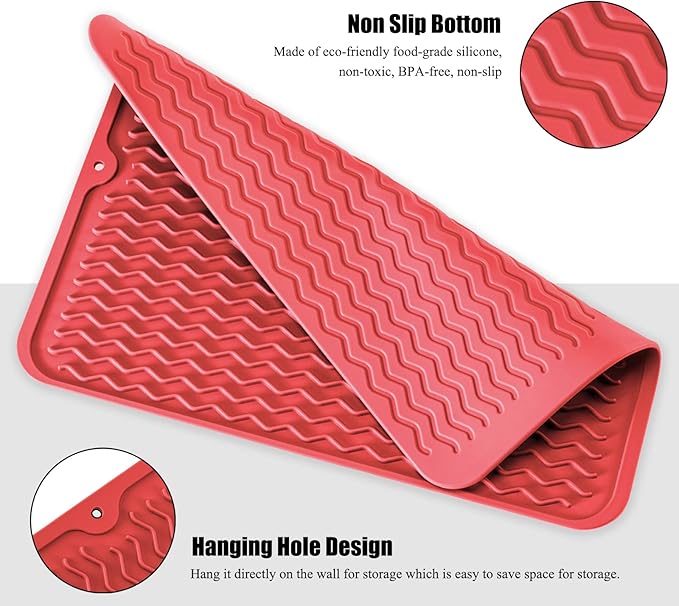 Large 24" x 18" Silicone Dish Drying Mat for Kitchen Counter, Easy clean, Quick Dry, Heat-resistant Dish Drainer Mat for Sink,Refrigerator or Drawer liner (Food Grade Silicone-Red)