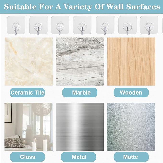 Wall Hooks - 33 lbs Max, Transparent, Seamless, Waterproof & Oilproof - Heavy Duty Adhesive Coat & Towel Hooks(20 Pack)