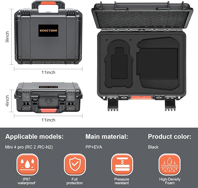 Hard Case for DJI Mini 3 Pro: IP67 Waterproof Carrying Cases for Mini 4/3 Pro/3 Drone RC 2/RC Smart Controller | Traveling Storage Box for Propellers Accessories (Case Only) (Black for RC 2)