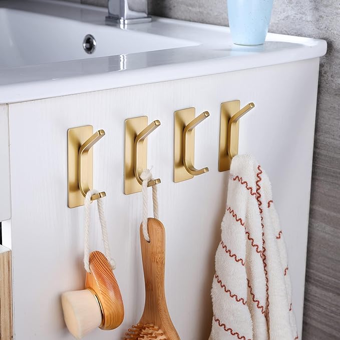 Taozun Adhesive Hooks - Brushed Gold Towel Hooks, Stainless Steel Stick on Wall Hooks Holder for Hanging Robe Sponges in Bathroom and Bedroom
