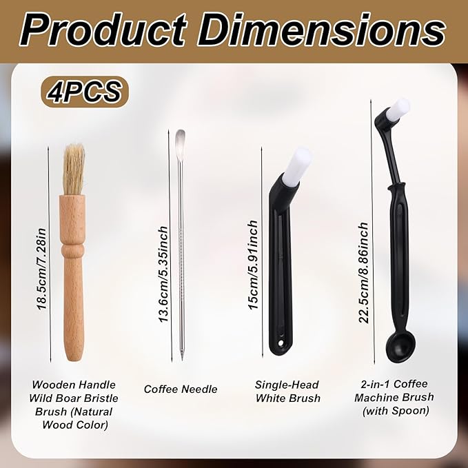 4pcs Coffee Machine Cleaning Brush Set, Professional Espresso Brush Grinder Tool with Wooden Handle Durable Boar Bristle Scrub for Deep Cleaning Home Use