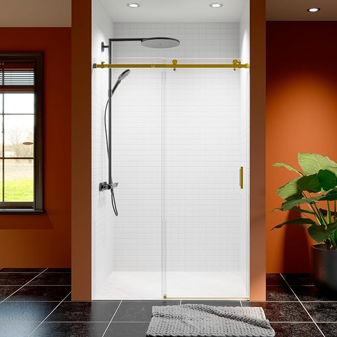 46-48 Inch Frameless Sliding Shower Door, 76" Height, 5/16" (8mm) Clear Tempered Glass, Smooth Gliding Track & Anti-Jumping System, Stainless Steel Brushed Gold Finish