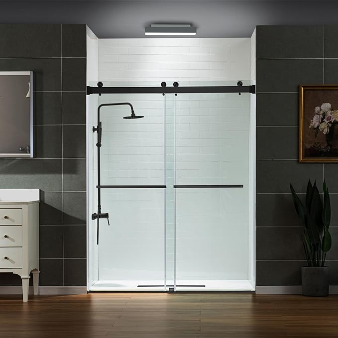 WOODBRIDGE Frameless Shower Doors 56-60" Width x 76" Height with 5/16"(8mm) Clear Tempered Glass, 2 Ways Opening & Double Sliding in Matte Black Finish
