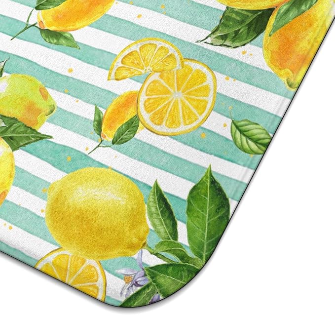 Lemon Dish Drying Mat for Kitchen Counter,Striped Background Yellow Lemon Floral Microfiber Summer Drying Mat, Washable Absorbent Kitchen Countertop Dish Drainer Mat,16×18 Inch