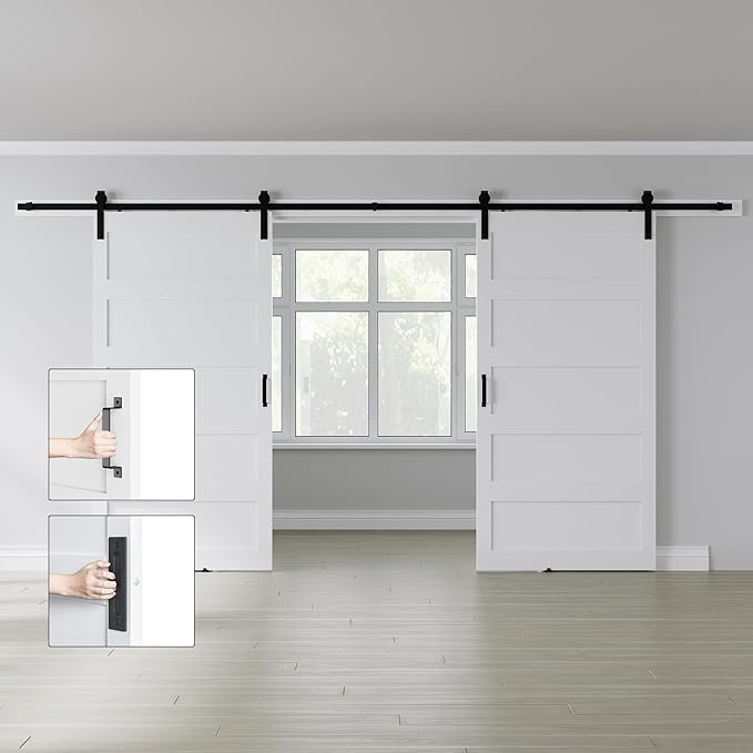 Double 42" x 96" White Barn Door with 14FT Sliding Door Hardware Kit Included, 5-Panel, Assemblely Needed, Waterproof PVC Surface, Max Opening 82in x 94in