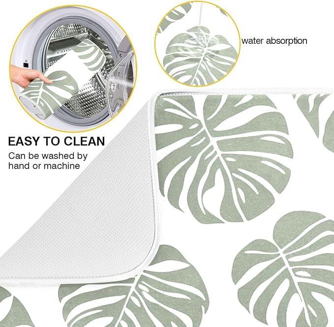 Green Palm Monstera Leaves Dish Drying Mat for Kitchen Counter Absorbent Microfiber Drying Pad, Medium 16x18 in