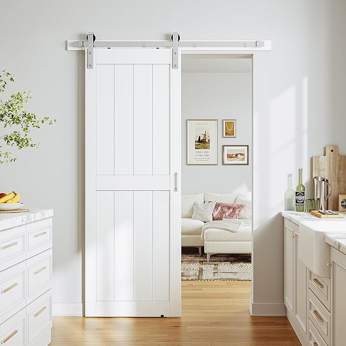SmartStandard 28 x 84 inch White Slidng MDF Barn Door with 5FT Brushed Nickel Sliding Door Hardware Kit & Handle, Pre-Drilled Ready to Assemble, Waterproof PVC Coating, H-Frame