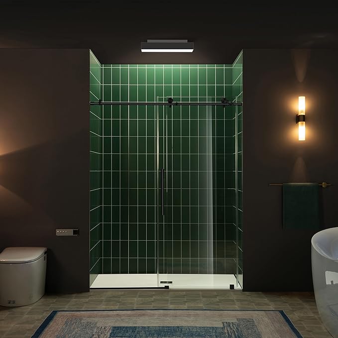 Woodbridge 56-60" W x 80" H Frameless Single Sliding Shower Door with Tempered Glass & Explosion Proof Film in Matte Black Finish