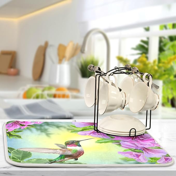 Tarity Hummingbird Flowers Dish Drying Mat for Kitchen Counter Absorbent Heat Resistant Microfiber Dishes Drainer Mat 18x24 in Large Dish Pad Sink Mat Protective Pad Kitchen Decor