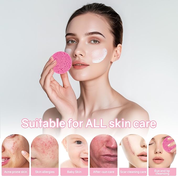 50-Count Compressed Facial Sponges,100% Natural Cellulose Cosmetic Make Up Sponges for Face Daily Facial Cleansing,Exfoliating,Makeup Removal(Pink)