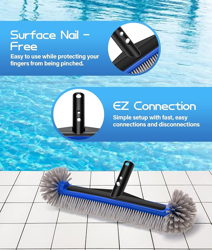 16.7'' Swimming Pool Brush Head with Round Ends, EZ Clip Aluminum Handle, Heavy Duty Pool Brushes for Clean Swimming Pools Faster, Extra Corner Brush Head for Clean Pool Steps & Corners