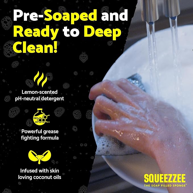 Squeezzee Soap Filled Scrubber Sponges - Non Scratch Scrubbing Sponge with Built-In Dishwashing Liquid Dish Soap - Double Sided Kitchen & Household Cleaning Scrubbers - Up to 300 Washes Per Sponge - 6