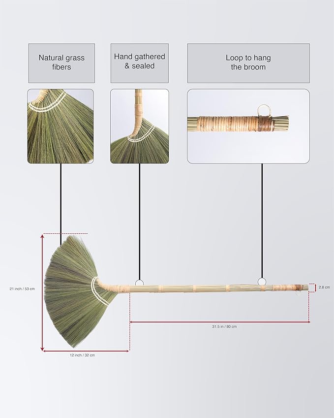 Deluxe Vietnamese Natural Straw Broom /45" Handmade Soft Grass Sweeping Broom for Indoor & Outdoor/Beauty of Nature Collection