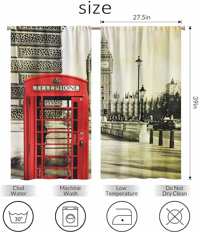 London Kitchen Curtains City Red Telephone Booth Big Ben Retro Romantic Building Short Tier Curtains for Bathroom Cafe Small Window Drapes Treatment 2 Panels (27.5x39 Inch)