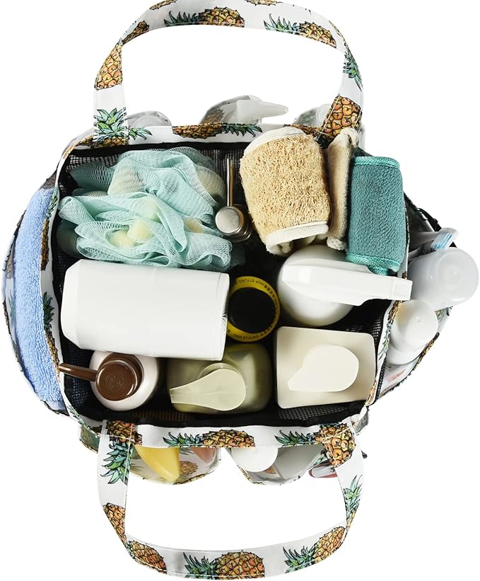 Haundry Portable Mesh Shower Caddy Bag, Large Basket Organizer with Key Hook for College Dorm Bathroom Camp Gym, Hanging Tote Bag with 8 Pockets (Pineapple)