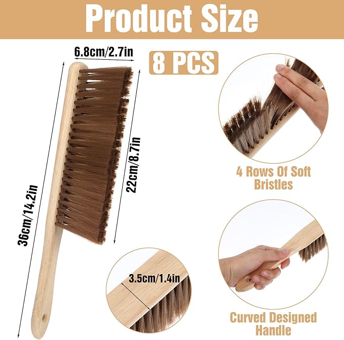 8 Pieces Wooden Dust Brush Bulk Hand Broom Bench Soft Bristle Cleaning Brushes with Long Wood Handle for Car Bed Sofa Fireplace Couch Clothes