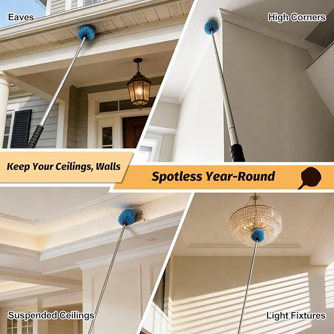 Cobweb Duster Brush with Extension Pole, Lightweight 5ft Long Spider Web Cobwebs Ceiling Fan Dust Cleaning Brush Kit with Washable Head,for Ceiling Fan, Furniture, Eaves,Vent, Roof House Cleaning