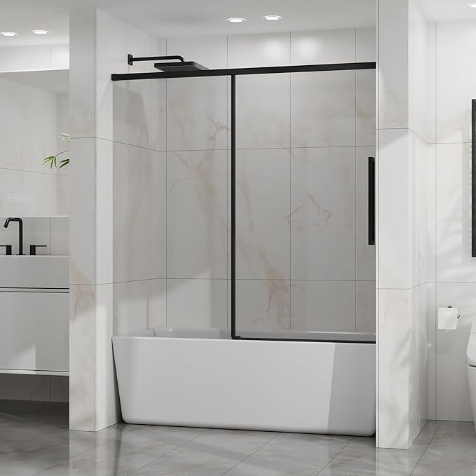 Semi-Frameless Sliding Bathtub Door 60" W x 58" H, 1/4" Clear Tempered Glass, Reversible Installation, Stainless Steel Hardware, Matte Black Finish, Space-Saving Glass Tub Shower Door for Bathrooms