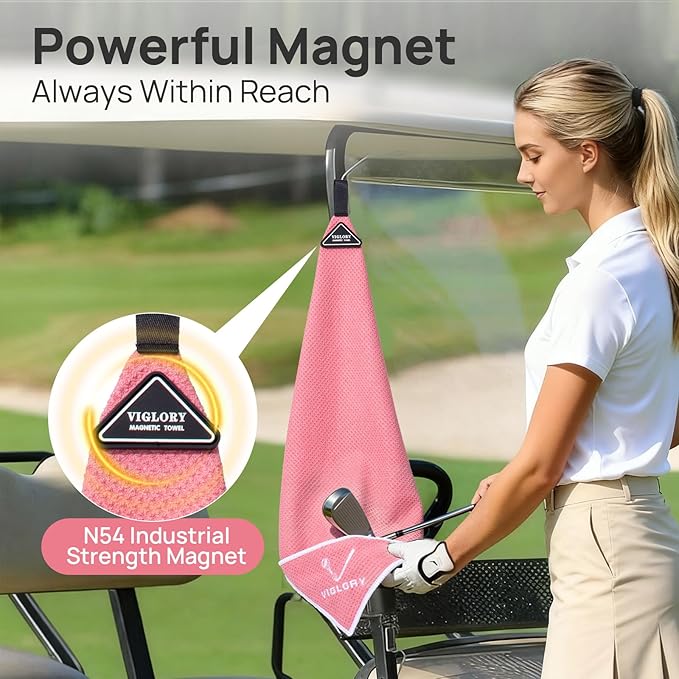 Magnetic Golf Towel for Bag 18" x 18" with Clip Exclusive Cleaning Pocket Microfiber Waffle Ultra Absorbent Club Ball Cleaner, Essential Golf Accessories and Gifts for Men Women(Pink 1 Pack)
