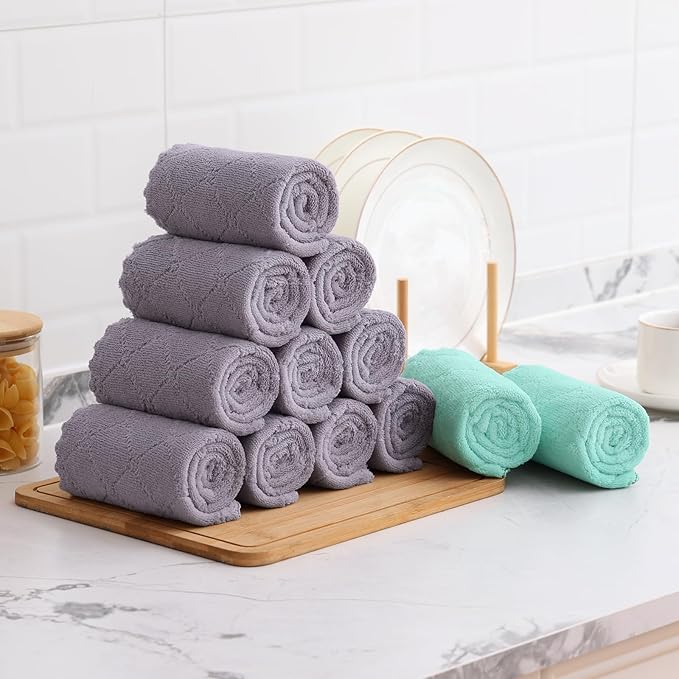 Mordimy 24 Pack Kitchen Towels (20" x 10", Grey & Green), Super Soft and Absorbent Dish Towels, Coral Velvet Microfiber Cleaning Cloth, Nonstick Oil Fast Dry Dish Cloths