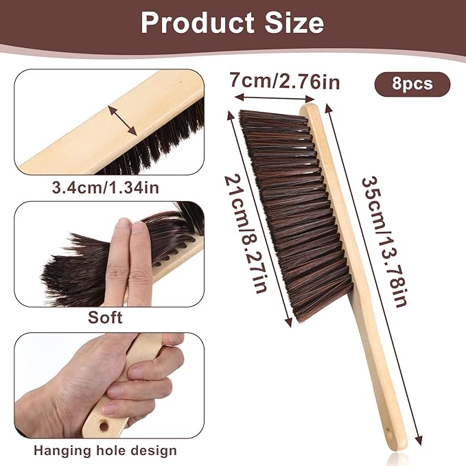 8 Psc Wooden Dust Brush Bulk Hand Broom Brush Long Handle Soft Bristle Broom for Cleaning Car Bed Sofa Fireplace Couch Clothes (Brown)