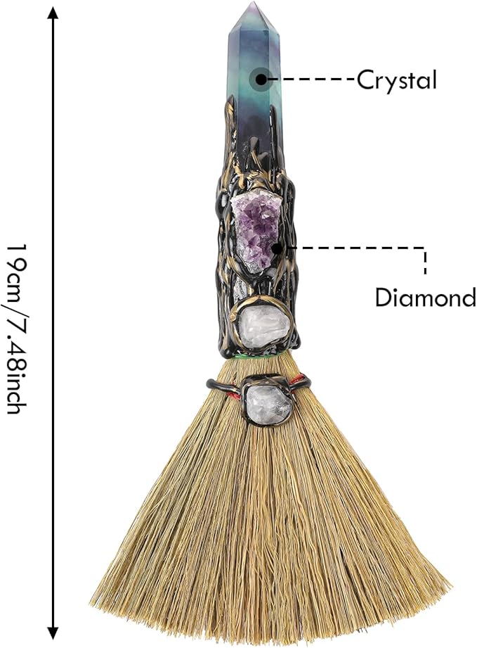 Witchcraft Supplies Witches Broom - Wiccan Decor with Amethyst Clusters Altar Supplies with Fluorite Natural Healing Crystals Hexagonal Points Pagan Decor Reiki Energy Clearing Crafts