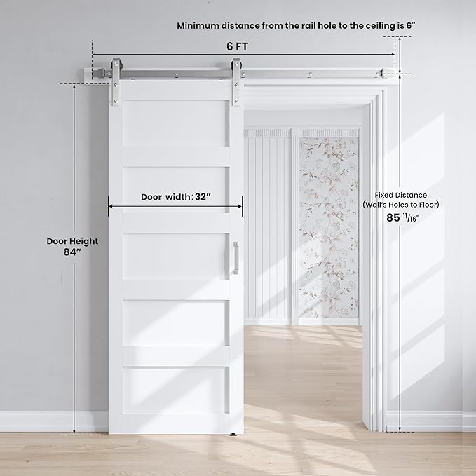 SmartStandard 32x84 inch White Barn Door with 6FT Brushed Nickel Sliding Door Hardware Track Kit Included, Solid MDF Slab, Waterproof PVC Surface, 5-Panel, Suitable for Openings up to 30in x 82in