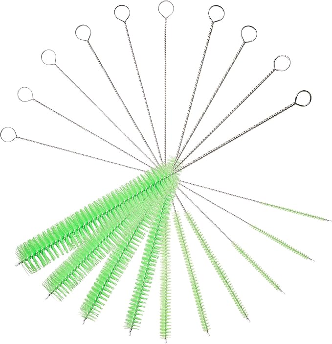 10" Tube Cleaning Brush Set, 5 Pack Small, Extra Long Nylon Straw Brushes with Flexible Handles for Bottles, Cleaning Straws, Pipe Cleaners, Keyboard, Glass, Guns, Detailing and Deep Cleaning, Green