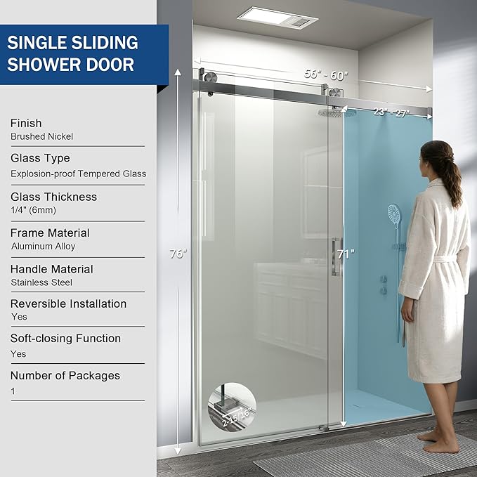 Abruzzo 76" Frameless Shower Door Single Sliding - 1/4" Tempered Glass Soft Close, Brushed Nickel, Adjustable 56-60" Width