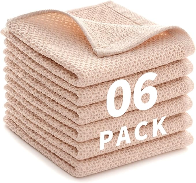 Cotton Dish Towels 6 Pack,12x12 Inch – Super Absorbent, Quick-Dry & Reusable Kitchen Cleaning Cloths, Lint-Free Washable Towels for Dishes, Glass & Household Use(Beige)