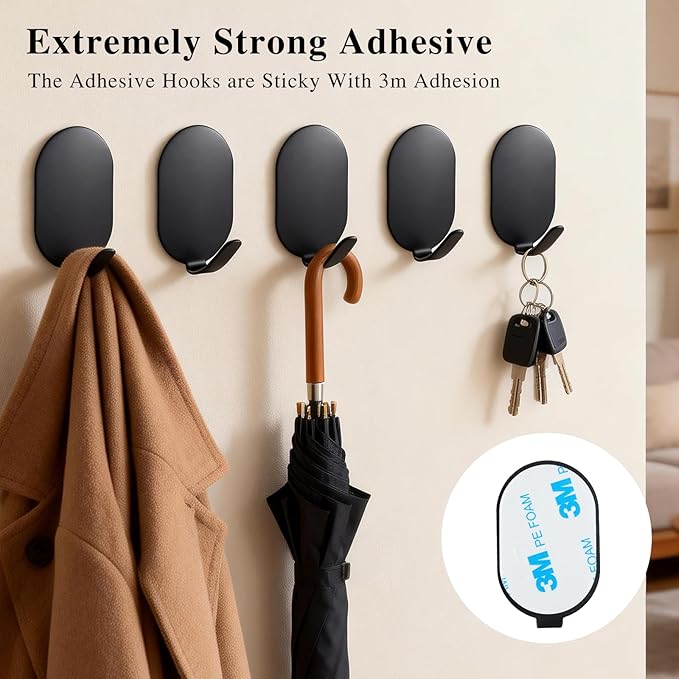 Sticky Adhesive Hooks for Hanging, Key Hooks, Stainless Steel Wall Hooks, Command Hooks, Coat Hooks, Door Hooks, Towel Hanger, Metal Hook, Utility Hooks,Picture Hanger, Storage Hooks, 10Pcs (Black)