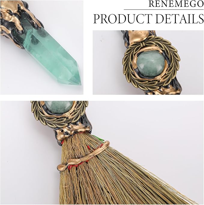 Witch Broom Green Crystal - Witch Wiccan Altar Broom Witchcraft Witches Pagan Altar Decor Natural Reiki Energy Wand Stone Ritual Magic Ceremonial for Meditation Therapy Halloween Decorations