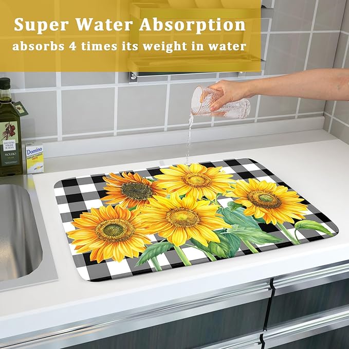 Sunflower Dish Drying Mat for Kitchen Counter Watercolor Black White Plaid Microfiber Absorbent Dish Draining Reusable Washable Foldable Extra Large 18"x24"