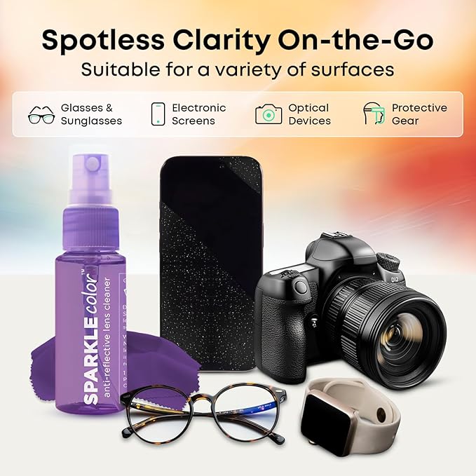 Sparkle Anti-Reflective Safe Lens Cleaner Spray Kit - (2) 1oz Glasses Cleaner Spray & (2) Microfiber Cloth for Eyeglasses, Sunglasses, Lenses, Screens and Camera Cleaning Kit (4 Piece Set)