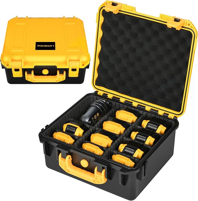 Storage Case for Dewalt Battery - Waterproof Hard Shell Tool Bag with 9 Adjustable Dividers for 8v/12v/18v/20v Max XR Battery & Chargers, Organizer Box for Dewalt/Milwaukee Battery (Case Only)