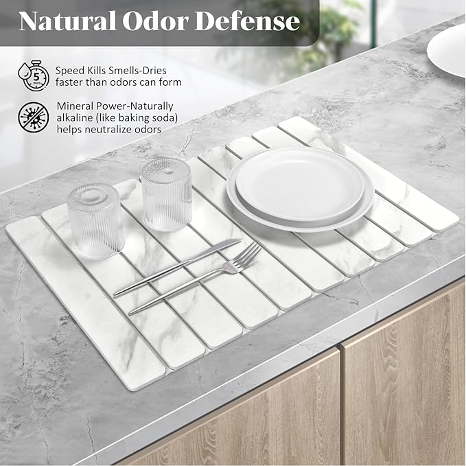 Large Stone Dish Drying Mats for Kitchen Counter, 24"(L)×16"(W) Marble-Pattern, Fast Drying Collapsible Dish Drying Mat, Eco-Friendly Absorbent Diatomaceous Earth Mats for Match Countertop