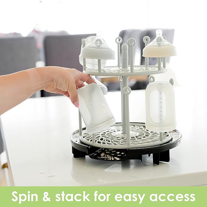 The First Years Spin Stack Bottle Drying Rack - Black - 2-Tier Rotating Countertop Drying Rack for Up to 16 Bottles - Baby Essentials for Everyday Use