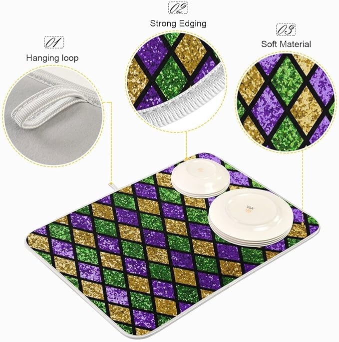 Mardi Gras Dish Drying Mat for Kitchen Gold Purple Green Buffalo Plaid Microfiber Drying Mats Absorbent Reversible Dish Pad Large Dish Draining Mat 18x24 inch