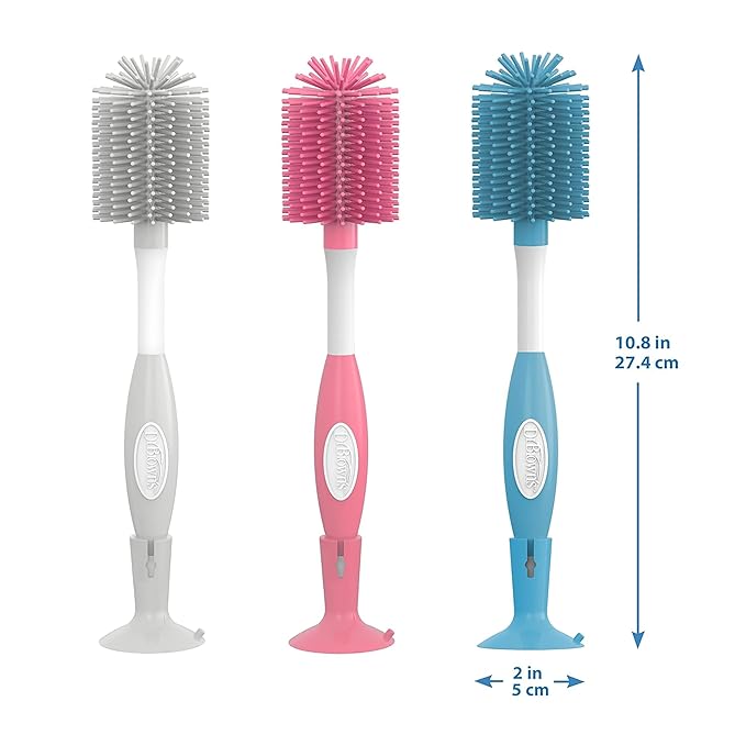Dr. Brown's Soft Touch No Scratch Baby Bottle Cleaning Brush Nipple Cleaner with Stand and Storage Clip, BPA Free, Pink 2-Pack