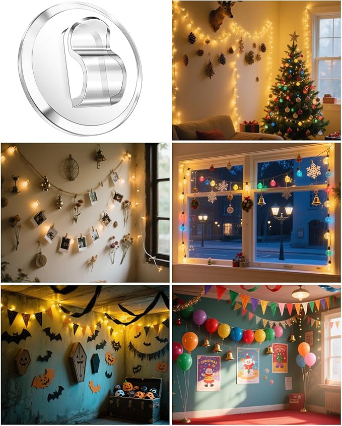 50 Clear Mini Light Clips: Small Hooks with Adhesive Strips for Indoor String Light - Plastic Damage Free Wall Hook for Hanging Tiny Fairy Christmas Light Cable Hangers Decoration Decor (50)