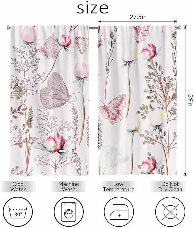 Pink Floral Kitchen Curtains Pretty Elegant Peony Rose Lovely Butterfly Short Tier Curtains for Bathroom Cafe Small Window Drapes Treatment 2 Panels (27.5x39 Inch)