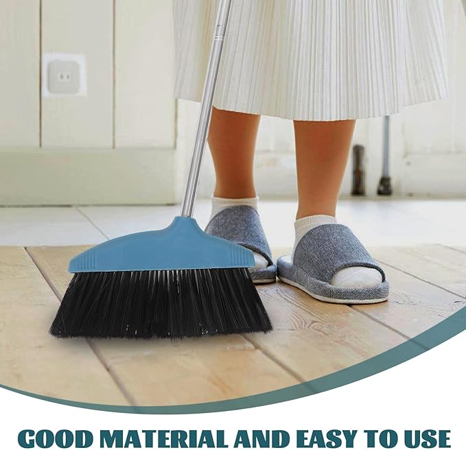 Luxshiny Soft Bristle Household Broom with Dustpan, Hair-Resistant Floor Cleaning Brush for Indoor and Outdoor Use, Blue Sweeping Tool for Home and Garage