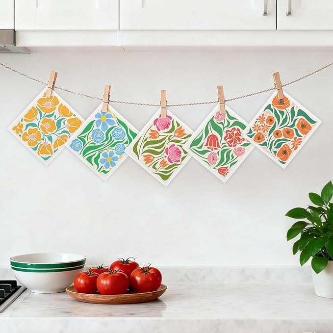 5 Pack Mixed Colorful Blossoms Flower Swedish Kitchen Dishcloths Dish Towels, Floral Dish Towels for Kitchen, Swedish Dishcloth, Paper Towels Reusable, Dish Cloth Towel Cleaning Wipe for Home
